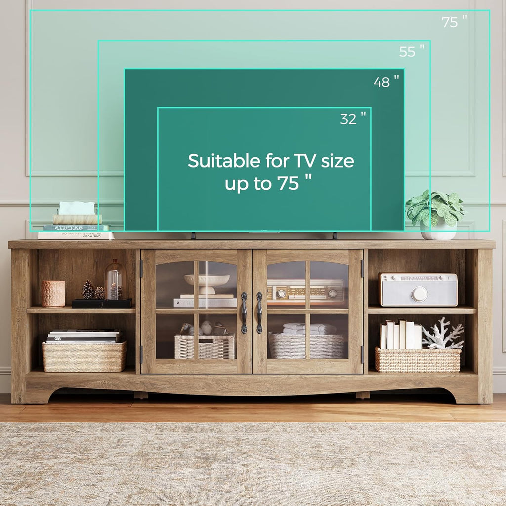 TV Stand for 75 Inch TV, Modern Farmhouse Entertainment Center with Storage Cabinets and Glass Doors, Tall Media
