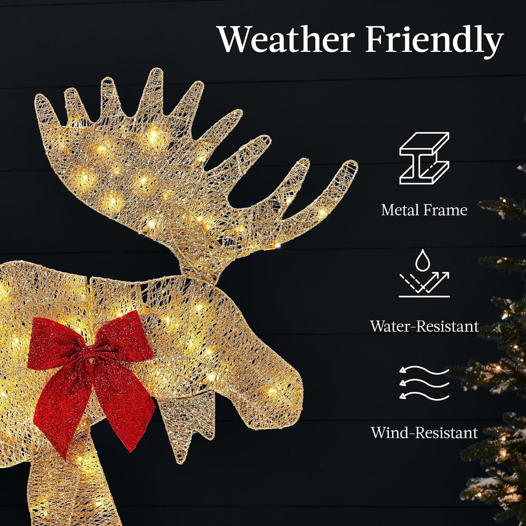 2D Moose Family Outdoor 3pc Christmas Yard Décor, 4ft Lighted Set Prelit All-Weather w/ 195 LEDs, Ground Stakes