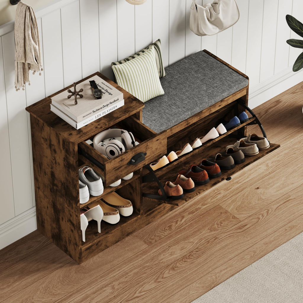 Shoe Storage Bench, Modern Wooden Shoe Cabinet, Vintage Brown