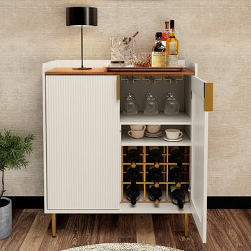 Wine Bar Cabinet with Fluted Texture, White | Modern Coffee Cabinet with Wine Rack&Glass Holder, Kitchen Buffet