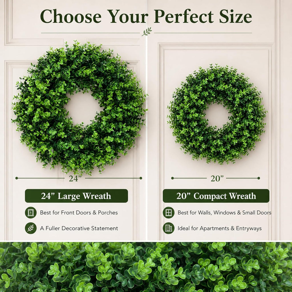 24 Inch Boxwood Wreath for Front Door, Artificial Greenery Wreath, Large Faux Boxwood Door Wreath, Waterproof UV