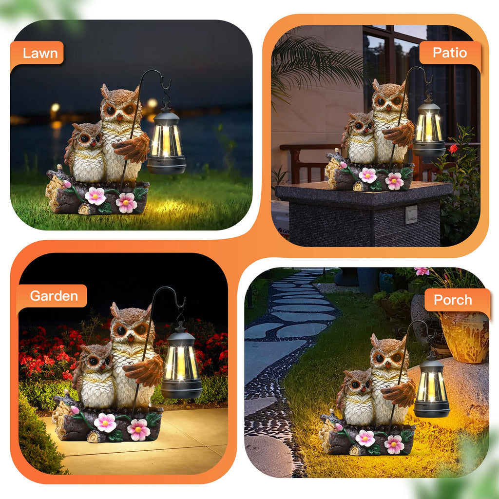 Garden Owls Statue with Solar LED Lantern, Wisdom Statue Gift for dad Yard Art, Whimsical Figurine Sculpture Lighted