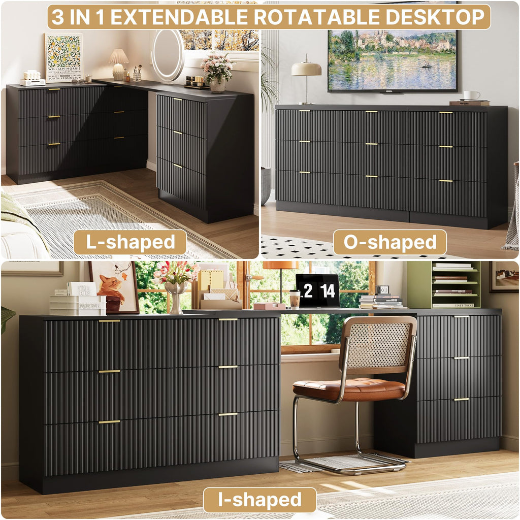 L-Shaped Rotatable 9 Drawer Dresser, 71" Wide Deformable Black Dresser with Gold Metal Handles, Modern Fluted Chest