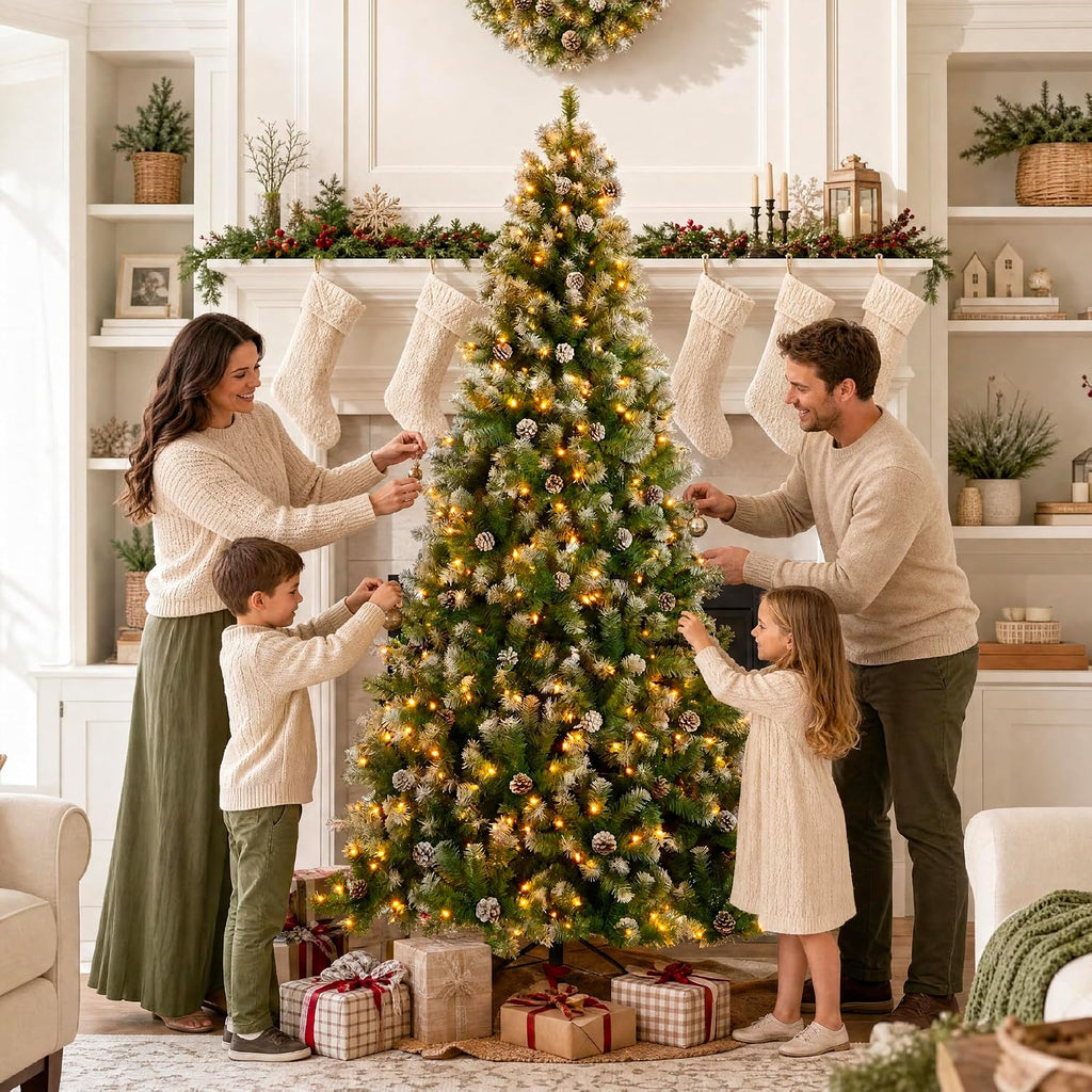 Pre-Lit Pre-Decorated Pine Artificial Christmas Tree w/Twinkling LEDs, 2,028 Flocked Frosted Tips, 108 Pinecones