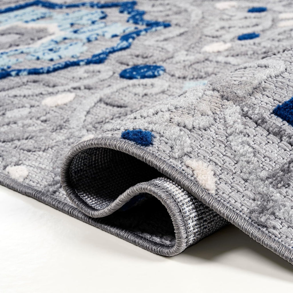 Mediterranean Medallion Indoor Outdoor Area Rug Blue/Gray, Boho for Backyard, Patio, Porch, Easy-Cleaning, High