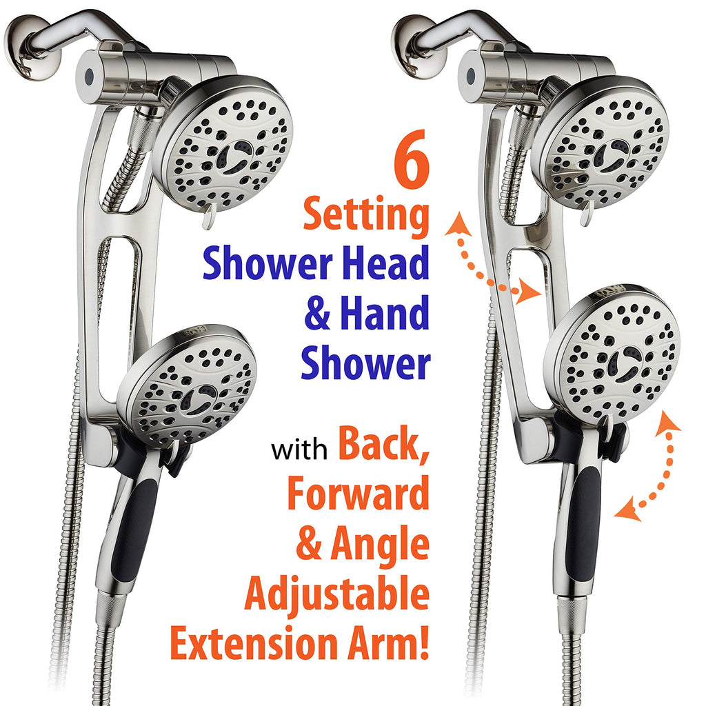 High Pressure 48-mode Luxury 3-way Combo with Adjustable Extension Arm - Dual Rain & Handheld Shower Head - Extra