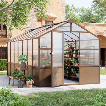 8x14 FT Wooden Walk in Polycarbonate Greenhouse for Outdoors