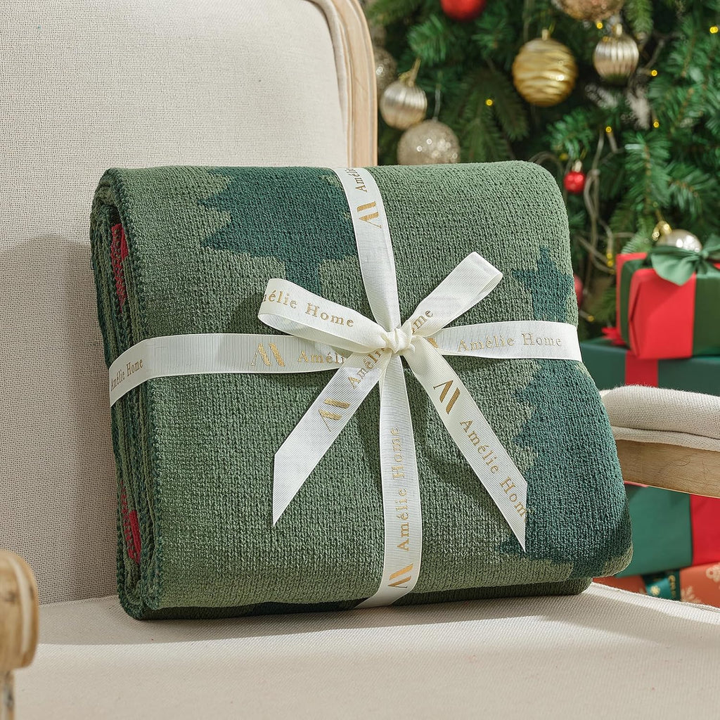 Christmas Knit Throw for Couch, Reversible Soft Cozy Chenille Blanket Decor Gift for Family, 50" x 60", Green