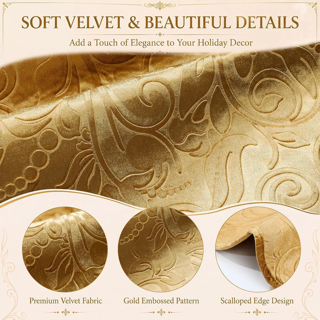 Velvet Christmas Tree Skirt Decor, 60 Inches, Scalloped Edge, Gold