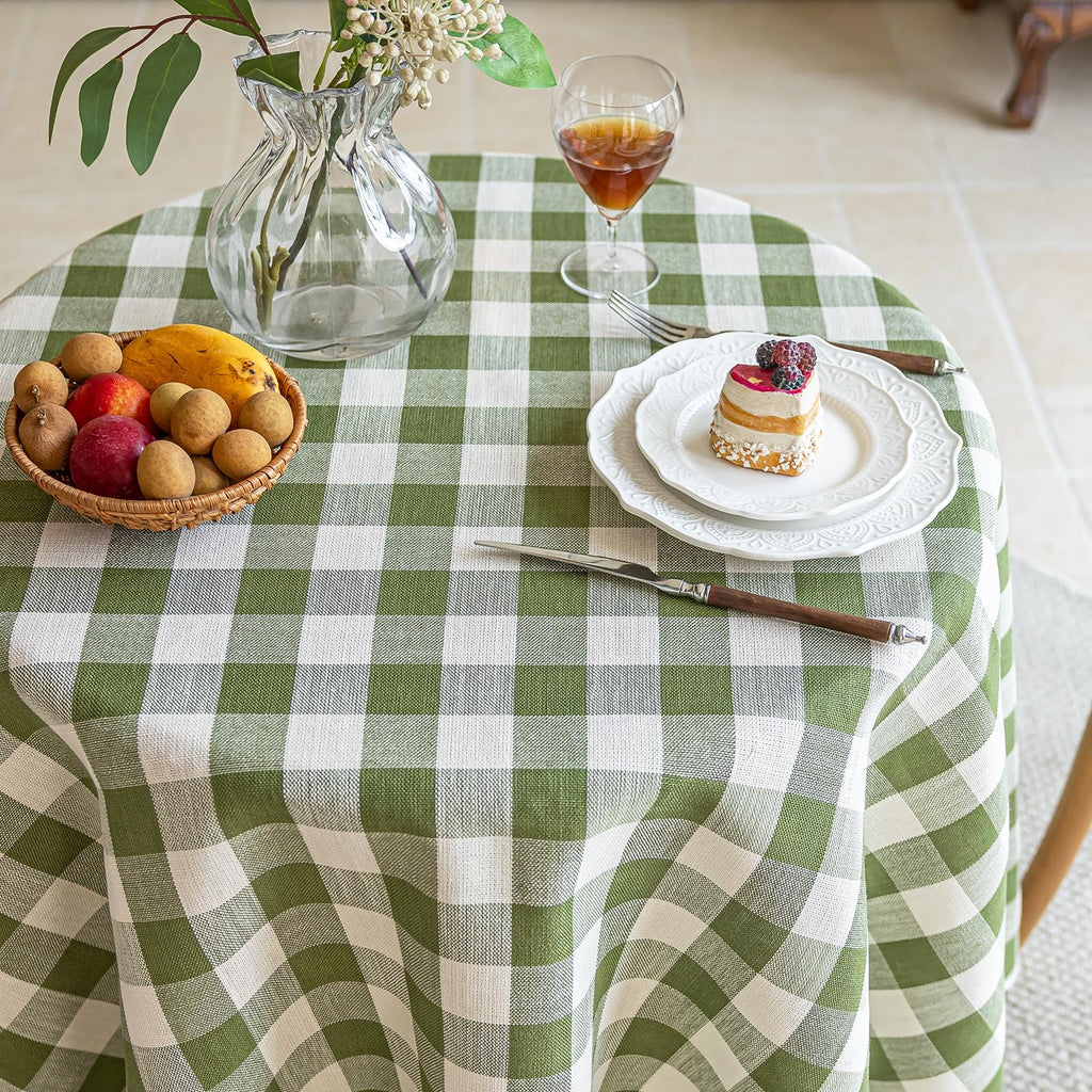 Green Gingham Round Tablecloth 60 Inch, Spring Checkered Circle Table Cloth Washable Wrinkle Free, Cotton Linen