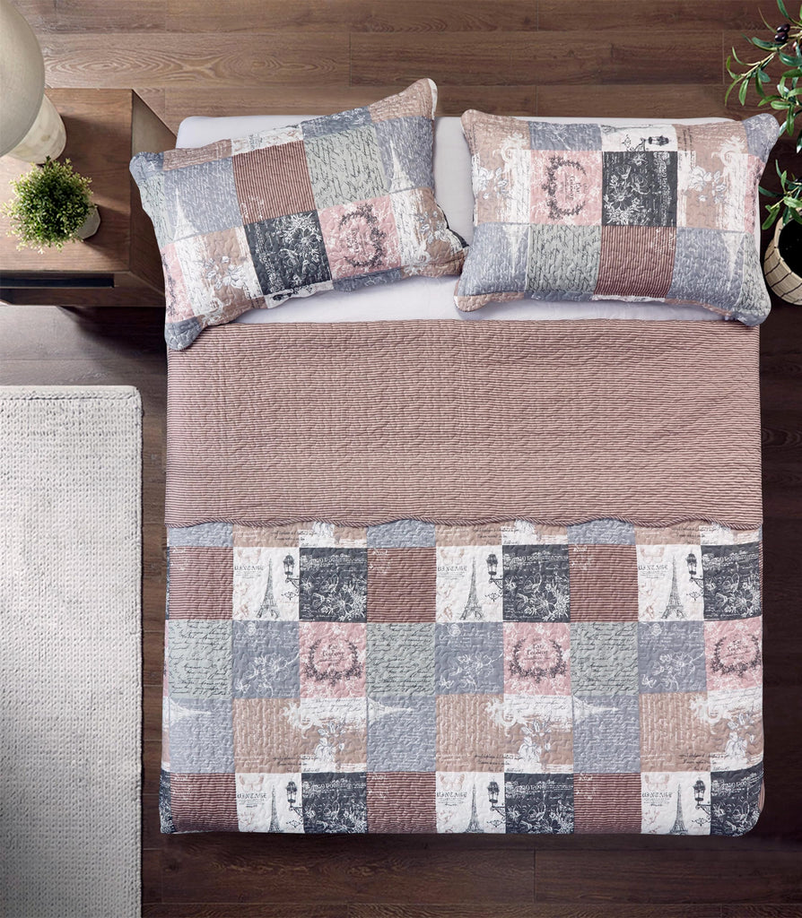 Latte Grey Paris & Toile Floral Patchwork Quilt Set
