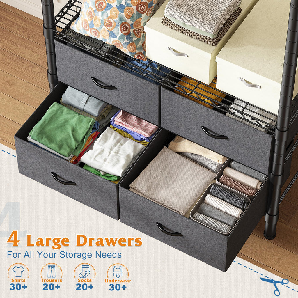 Clothes Rack, Heavy Duty Portable Closet with 4 Drawers 4 Shelves