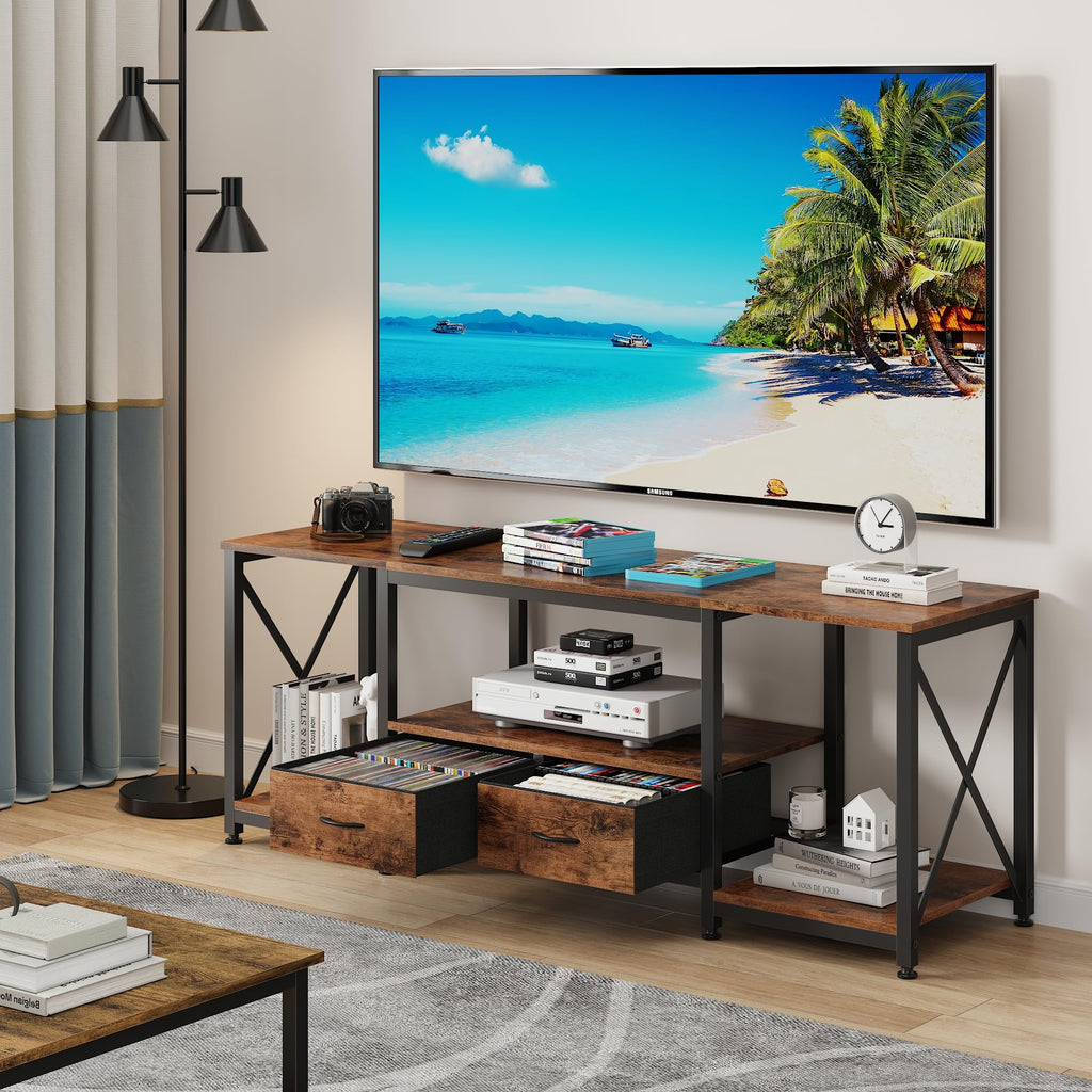 TV Stand with Fabric Drawers for 65 70 75 Inches TV - Entertainment Center and Industrial TV Console Table with Open