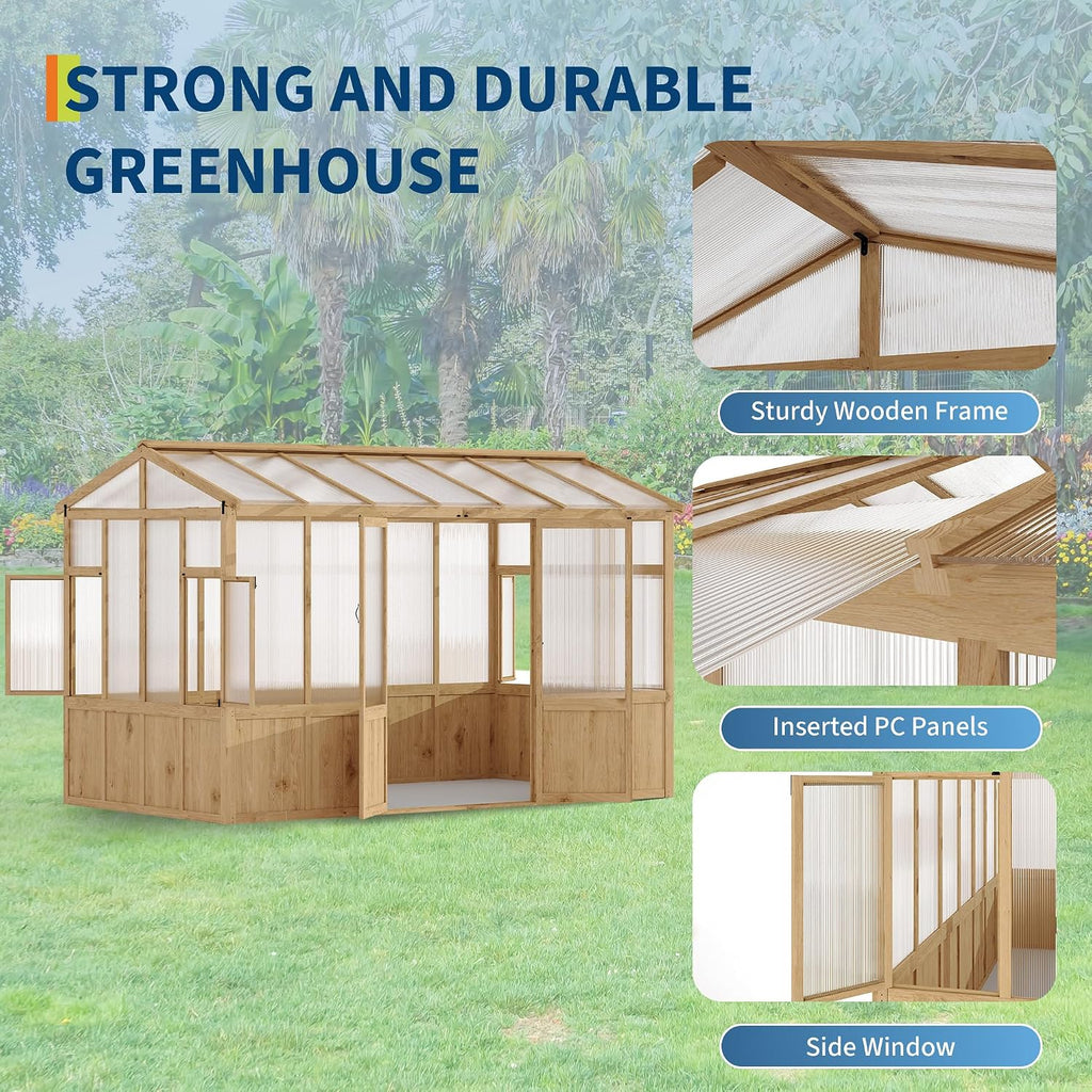 8X12 FT Wooden Greenhouse for Outdoor - Heavy Duty Walk-in Green House Kit with 6mm Polycarbonate, Lockable Door &