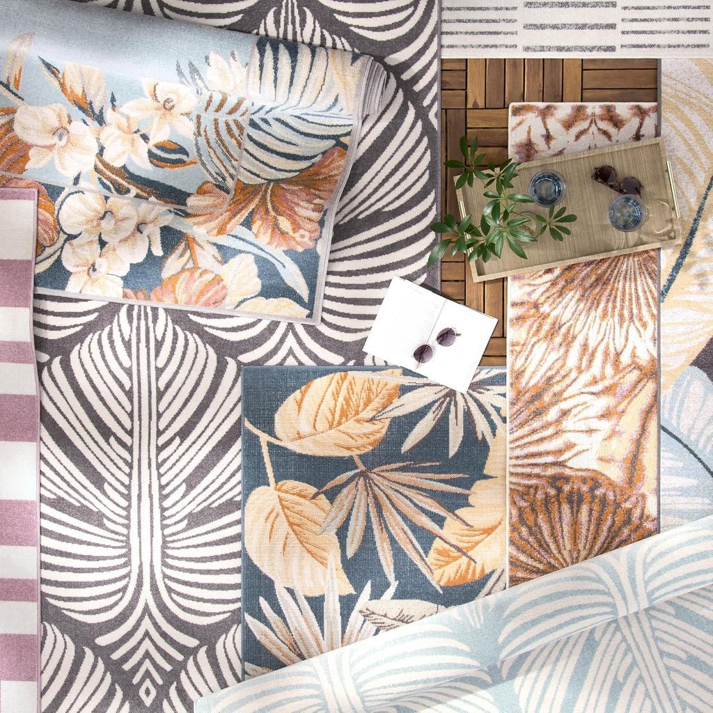 Lanai Palm Leaves Indoor Outdoor Area Rug, Leaf Tropical Design, UV Fade Resistant, Blue/Ivory, 5'2"x7'2"