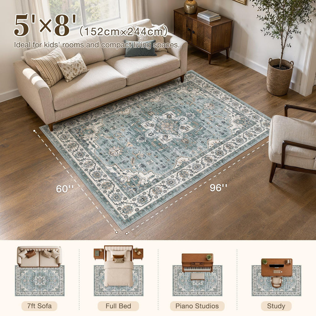 5x8 Area Rug, Washable, Traditional, Denim Blue