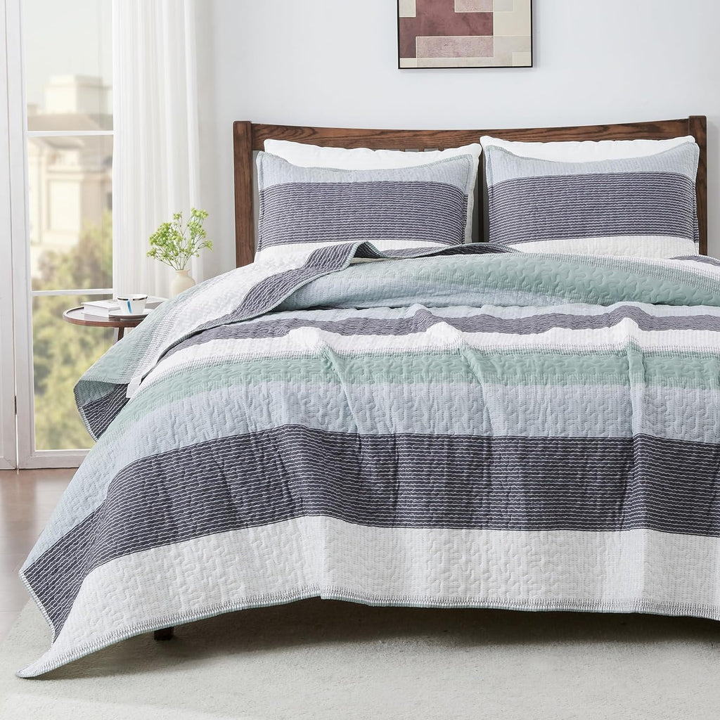 Queen Quilt Bedding Set Sage Green, 3 Pieces Patchwork Mint Green Striped Ultra Soft Lightweight Bedspreads