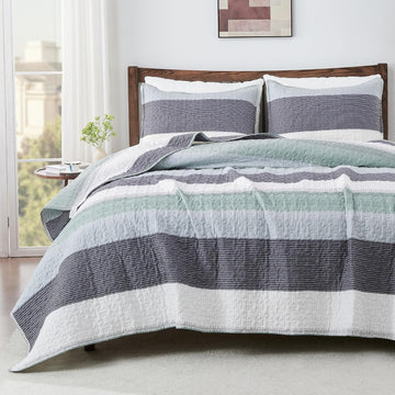 King Quilt Set Sage Green, 3 Pieces Mint Green Ultra Soft Lightweight Bedspreads & Coverlets Set, Patchwork Striped