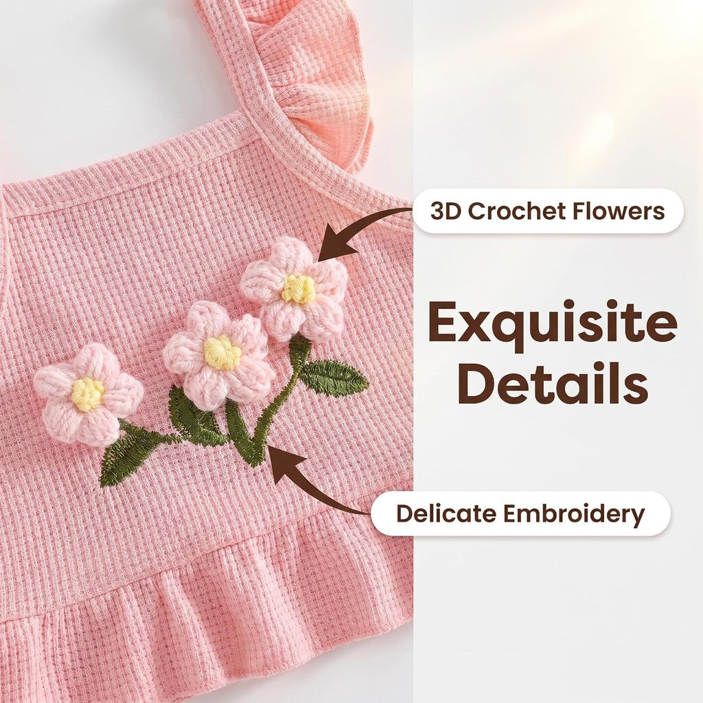 Baby Girl Clothes Infant Summer Toddler Outfits Ruffle Sleeveless Floral Embroidery Tank Top Shorts 2Pcs Waffle Sets