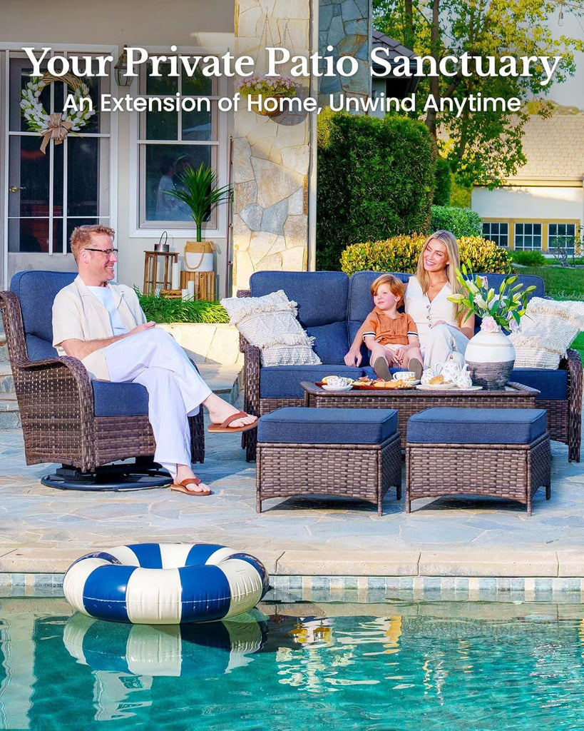 7-Piece Luxury Patio Furniture Set with 6" Thick Cushions, Weather-Resistant Wicker High Back Swivel Rocker Chairs