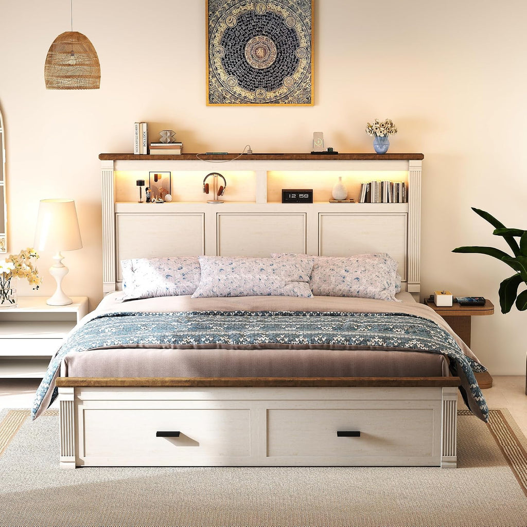 Queen Bed Frame with 2 Storage Drawers, 53" Tall Headboard Farmhouse Platform Bed Frame with Roman Column Decoration