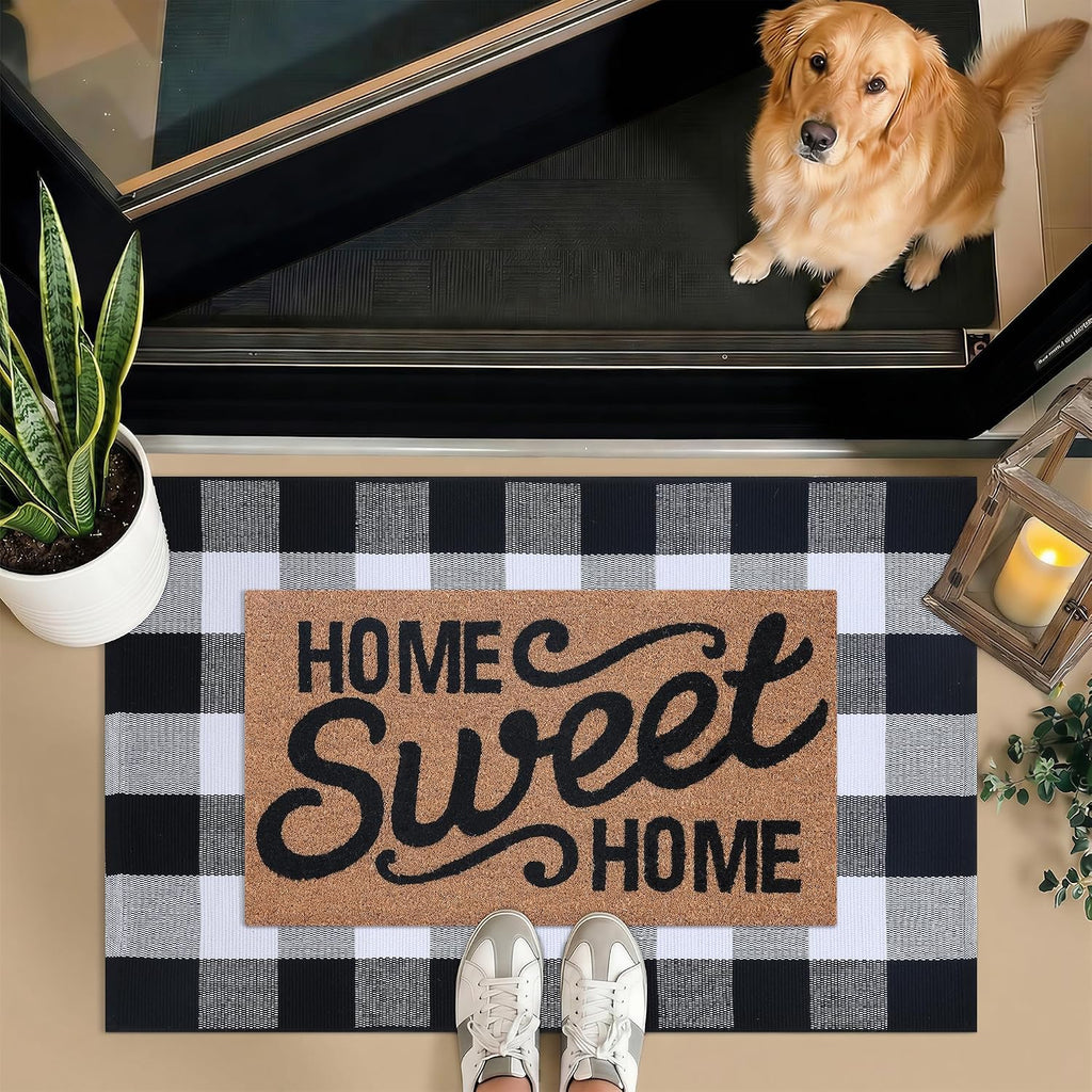 Home Sweet Home Doormat Set, 2-Piece Layered Front Porch Mat Combo, Natural Coir Welcome Mat with Black and White