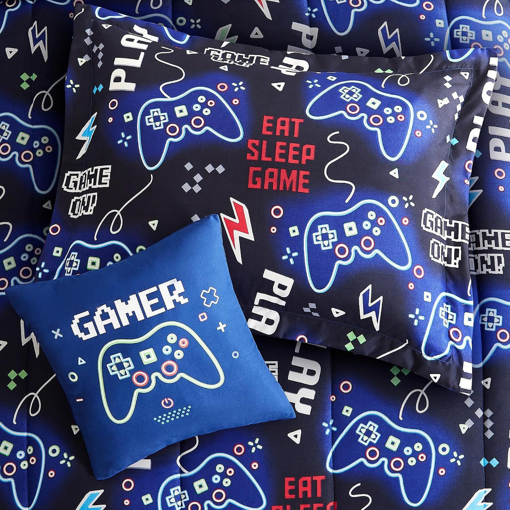 Kids Comforter Set Twin for Boys, Glow in The Dark Gamer Bedding Set 1 Comforter, 1 Decor Pillow, 1 Pillow Sham, Twin