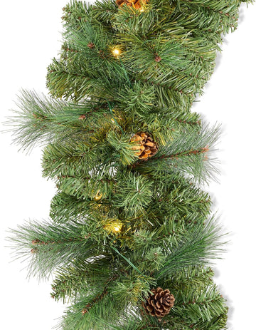 9ft Pre-Lit Christmas Garland Holiday Décor for Stairs, Mantel, w/Pine Cones, 2-in-1 White & Multi LED Lights