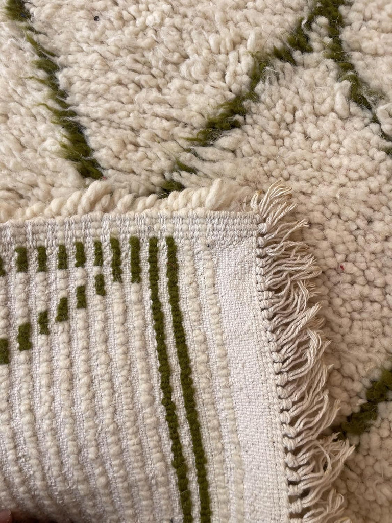 Handmade Moroccan Berber Area Rug 4' x 6', 100% Wool High Pile Shag, Beni Ourain Style, Ivory/Cream with Green