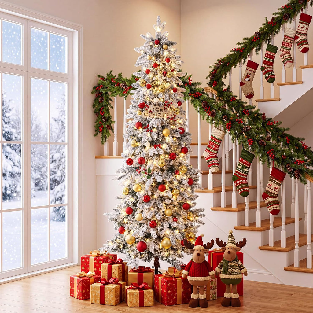 Pre‐Lit Snow Flocked Christmas Tree, Slim Pencil Xmas Tree