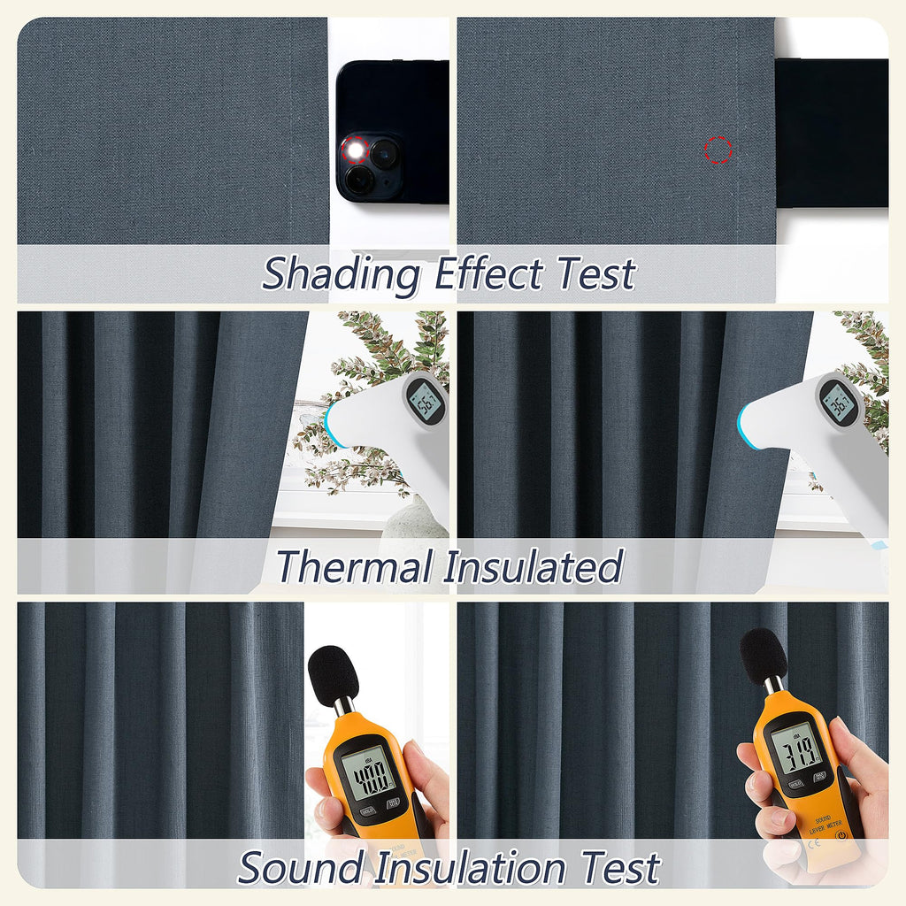 100% Blackout Linen Curtains 84 Inch Long 2 Panels Vintage Blue