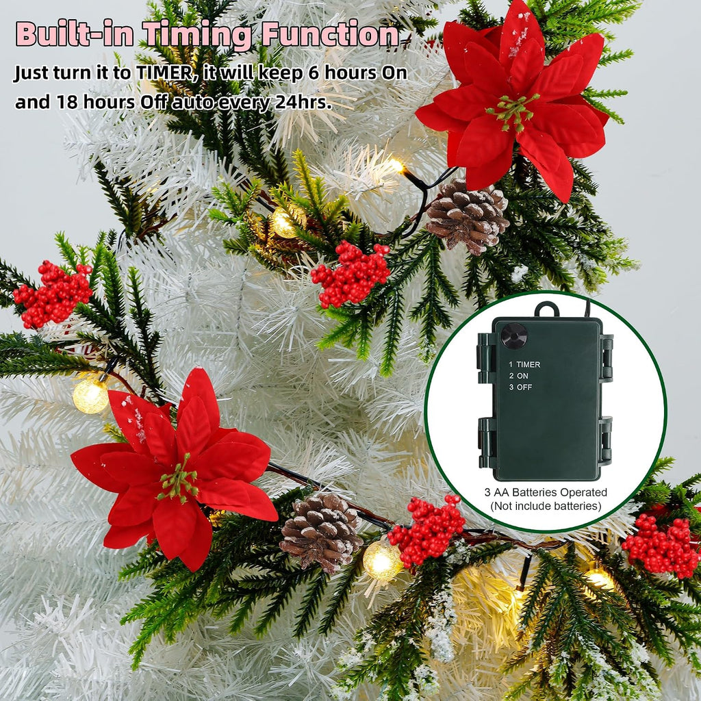 2 Pack Christmas Garland, 9' Pre-lit Artificial Xmas Flocked Garlands, Lighted Poinsettia Spruce Timer & Battery