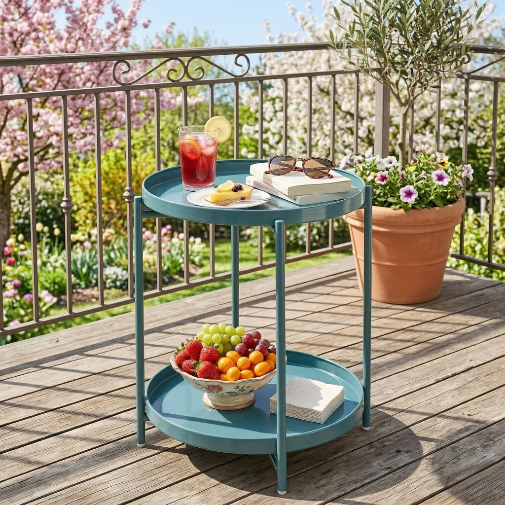 2 Tier Round Side Table, Folding Round Metal End Table Small Nightstand with Two Removable Tray Living Room Bedside