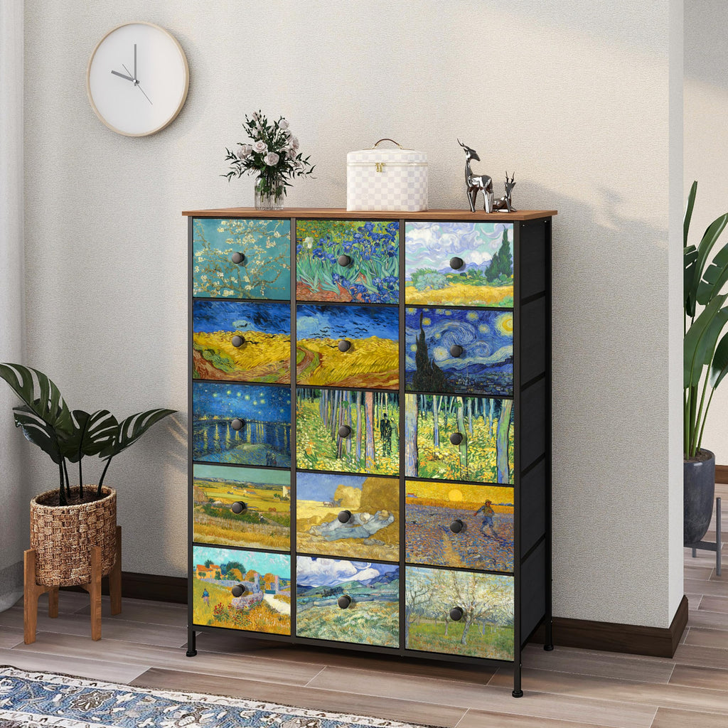 Large Chest of Drawers 15 Drawer Dresser Van Gogh Tall Fabric Dresser Living Room Entryway Closet with Sturdy Metal