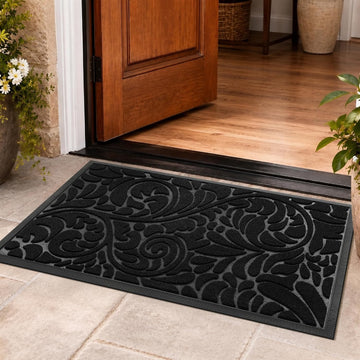 Large Door Mat Outside Entrance, Floral Outdoor Mat, 36x24,Black | Vintage, Waterproof, Heavy Duty, Traps Dirt and