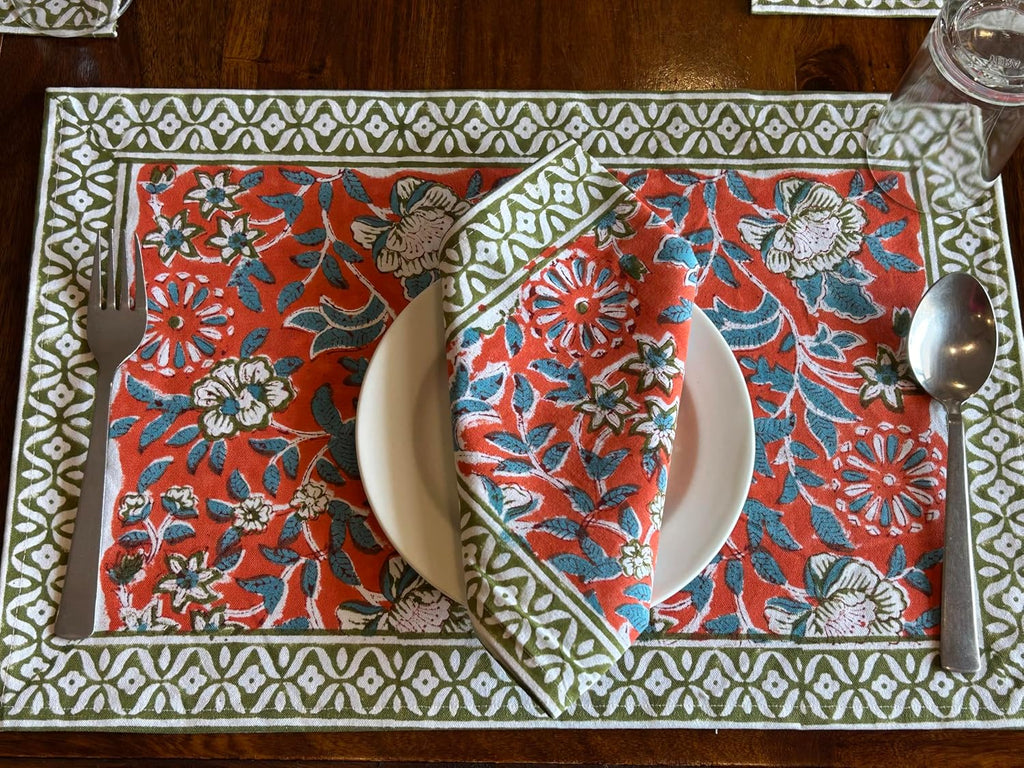 Handmade Placemats and Napkins Set - Blue and Green Cloth Table Mats - Thanksgiving Decor & New Mom Gift (Red)