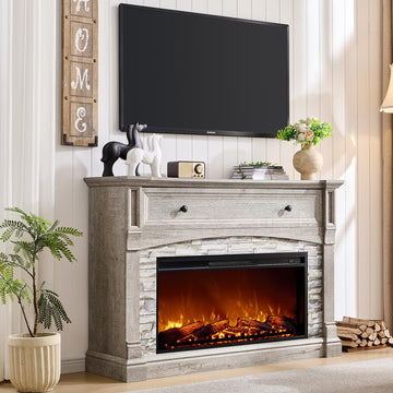 52" Electric Fireplace TV Stand with Mantel, Light Rustic Oak