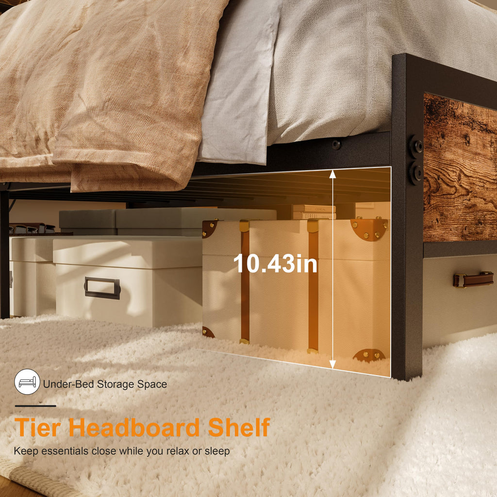 Bed Frame with Headboard and Storage Shelf, Metal Platform Bed Frame with Charging Station, LED Lights