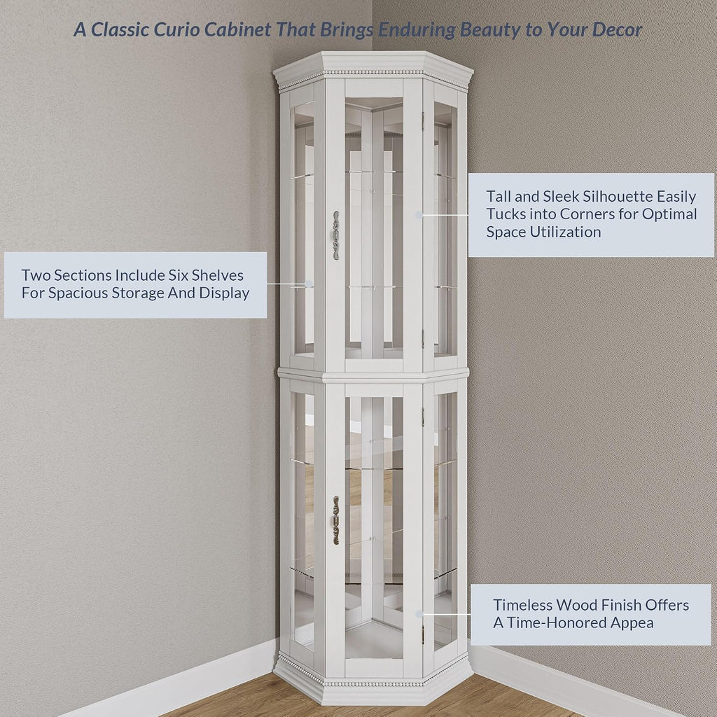 Lighted 3-Side Glass Display Curio Cabinet w/Tempered Glass Doors & Shelves, Accent Wooden Corner Cabinet with Bulb