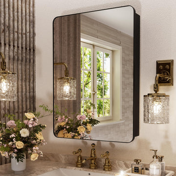 20x26 Matte Black Medicine Cabinet Mirror, Recessed/Surface Mount