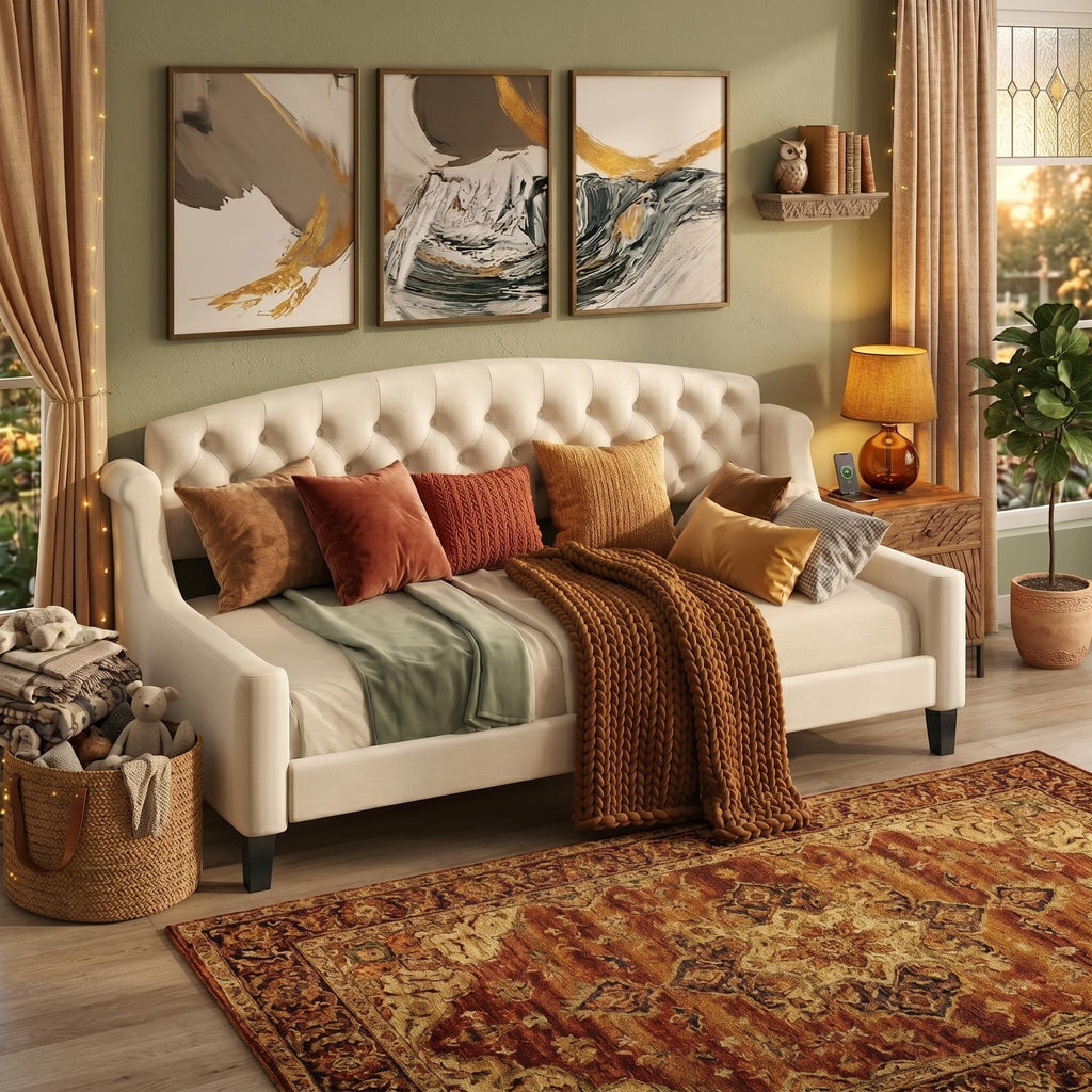 Twin Daybed, Twin Size Luxury Tufted Button Daybed, Upholstered Twin Daybed Frame, Sofa Bed Living Room, Beige