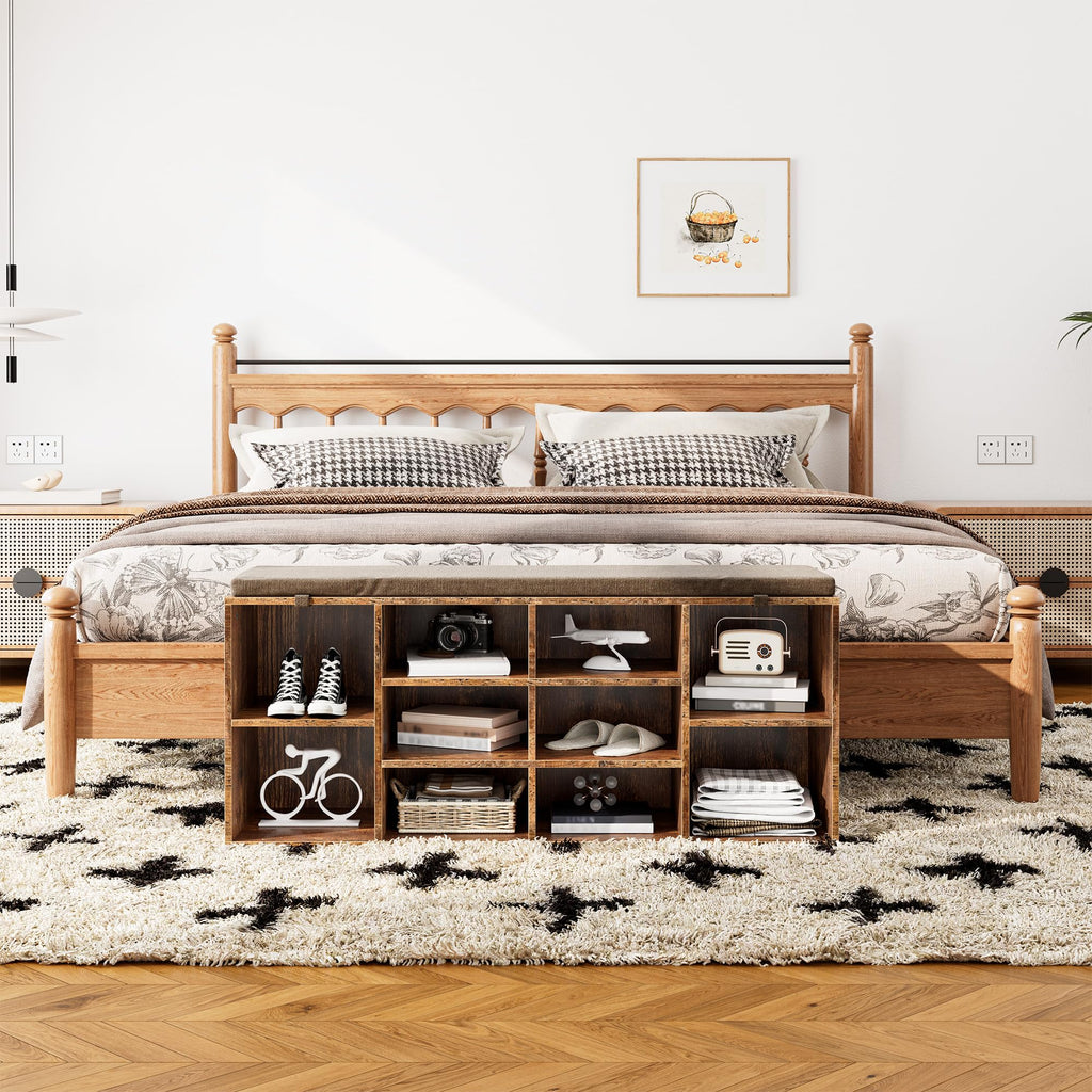 Shoe Storage Bench with Cushion, 41'' Long Entryway Bench with 10 Compartments Shoe Rack, Multifunctional Cubby