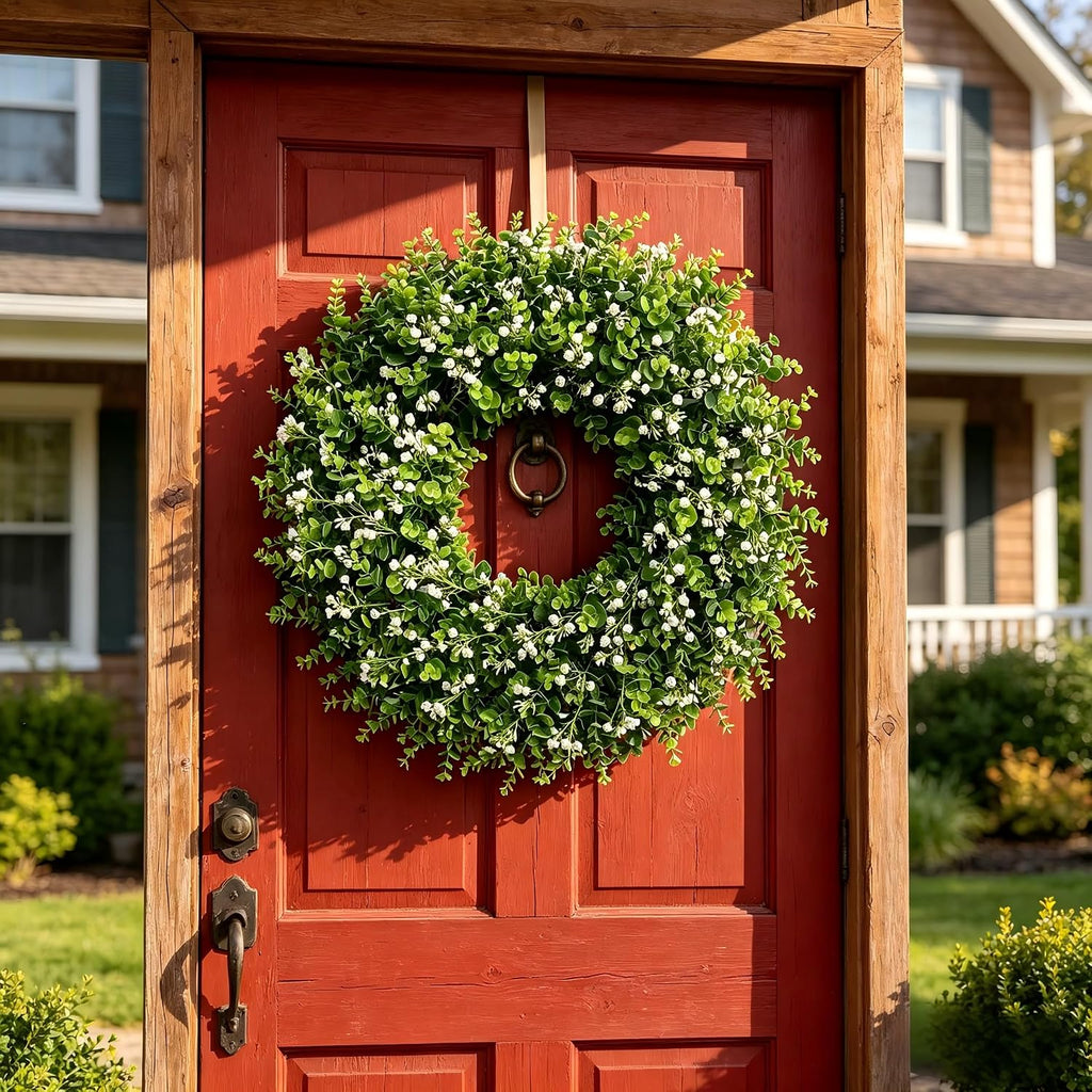 Artificial Boxwood Wreath for Front Door, Farmhouse Year Round Greenery Wreath, Indoor Outdoor with Hanging Tag