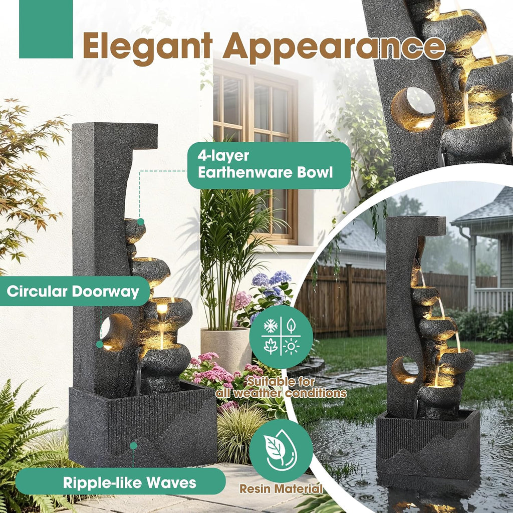40"H Water Fountains Outdoor, Cascading Rock Fountain and Waterfalls | Garden Large Indoor Floor Standing Water
