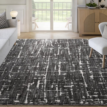 Black Area Rug - - Burke Collection - Abstract Striped Pattern - Easy to Clean - Durable, or Office, Pet &