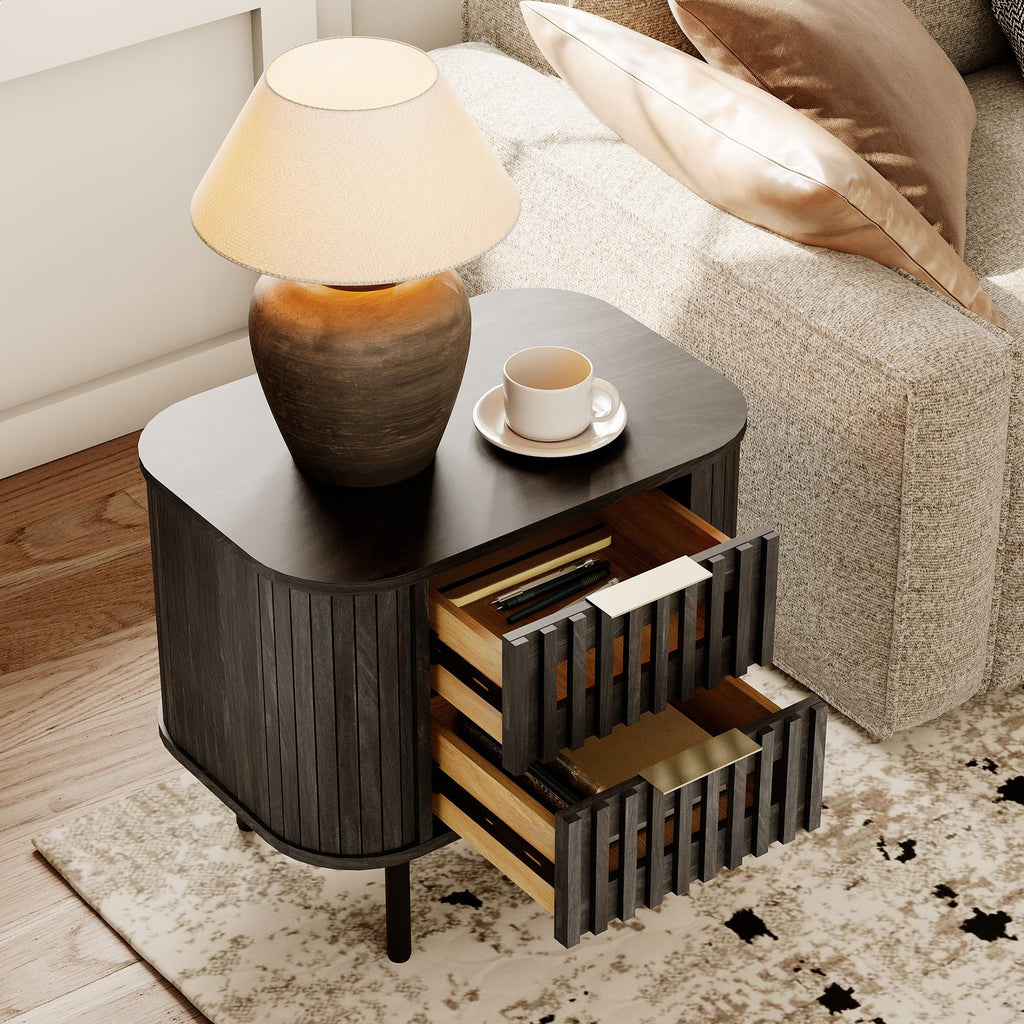 Fluted Nightstand, Modern Wooden End Table with 2 Drawer, Storage Bedside Table, Black, 2 Pack