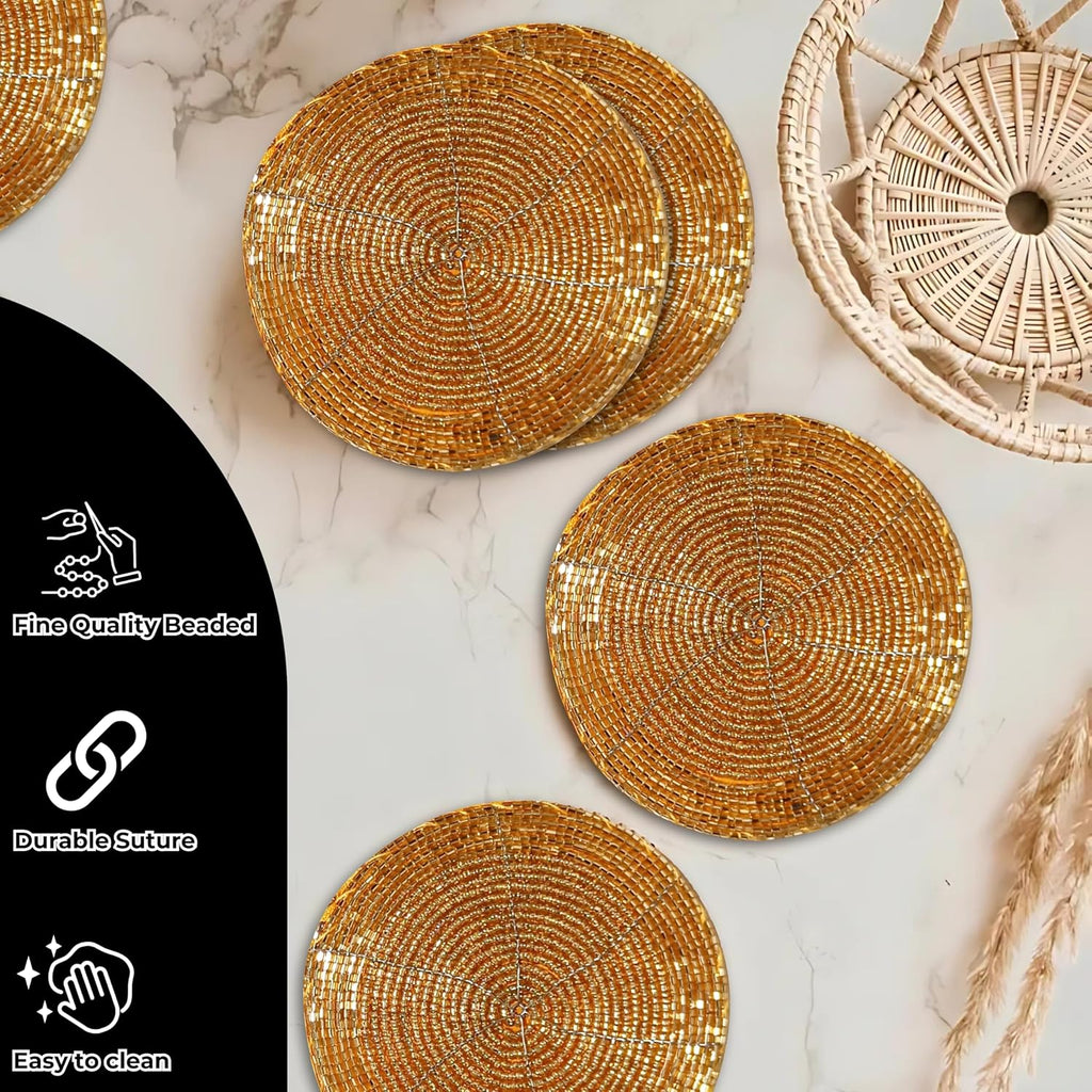 Beaded Farmhouse Coasters - 4" Round Boho Drink Coasters, Absorbent Table Décor for Bar, Parties, Fall, Gold - Set of 4