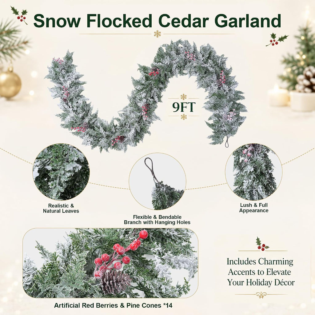 9FT Christmas Cedar Garland Flocked with Artificial Pine Cones Red Berries, Real Touch Faux Greenery Winter Frosted