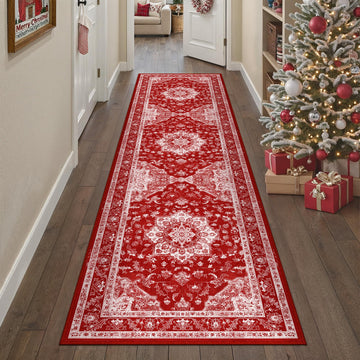 Christmas Red 3x8 Runner Rug Vintage Oriental Carpet