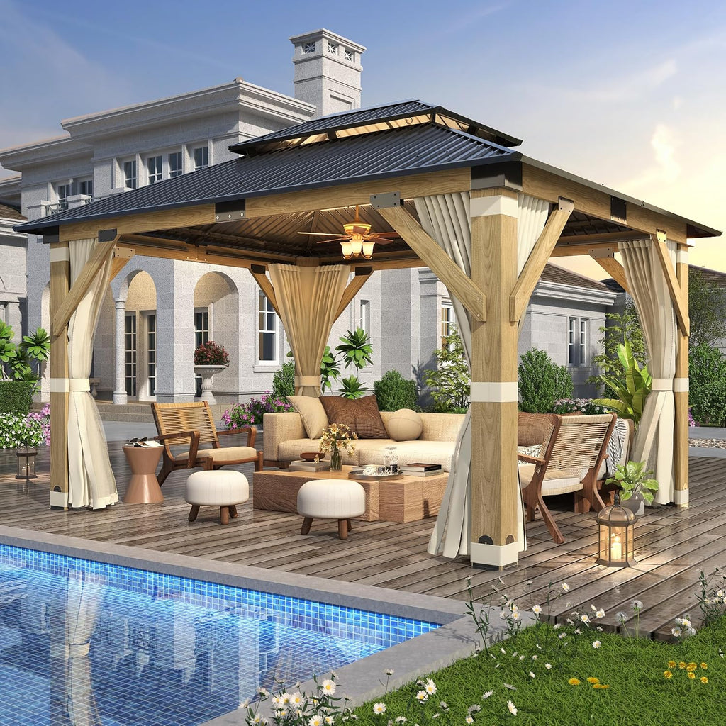 11'x13' Outdoor Wooden Gazebo, Patio Galvanized Steel Wood Gazebo with Privacy Curtains and Netting